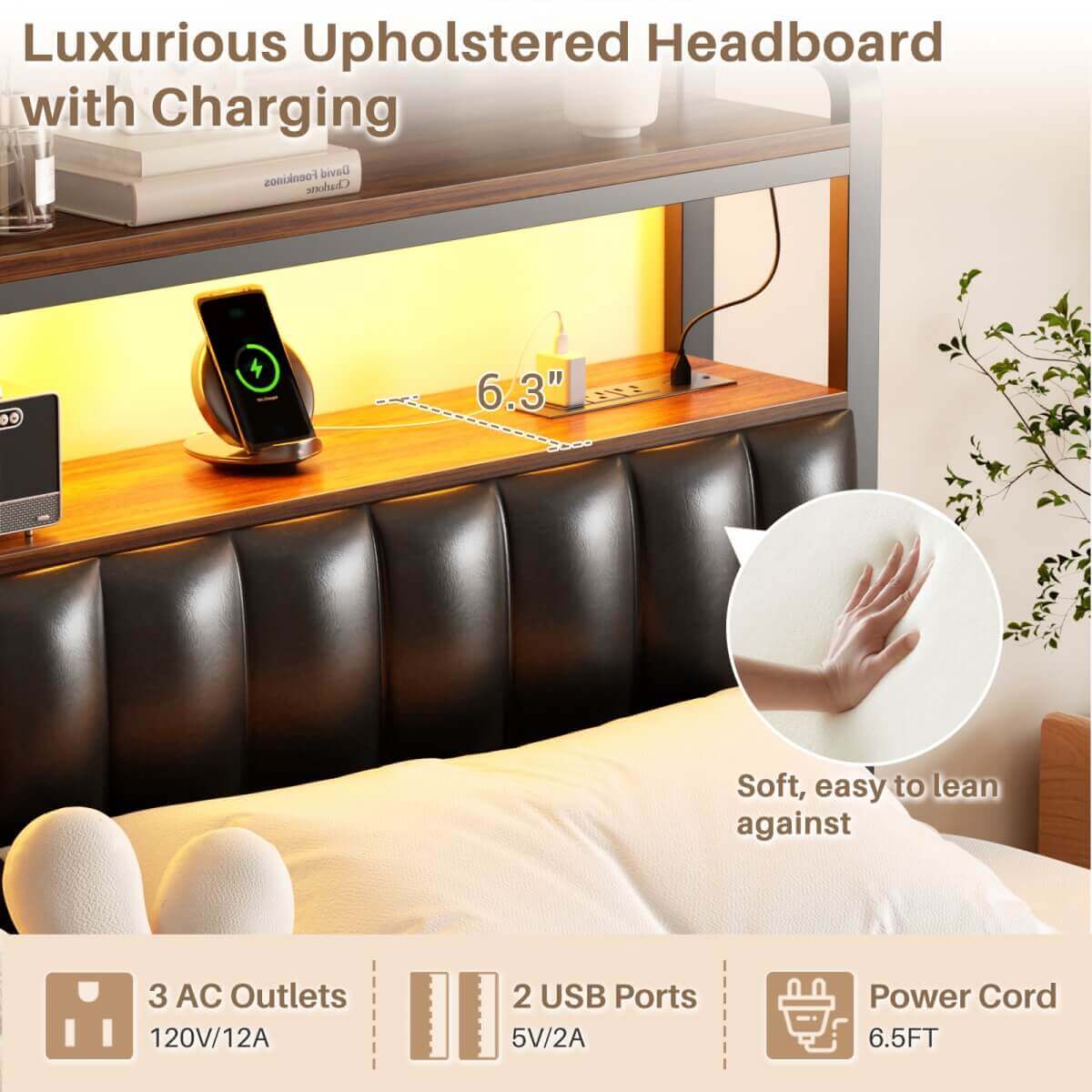 Full Size Bed Frame with Upholstered Leather Headboard, Built in Power Outlets and LED Lights