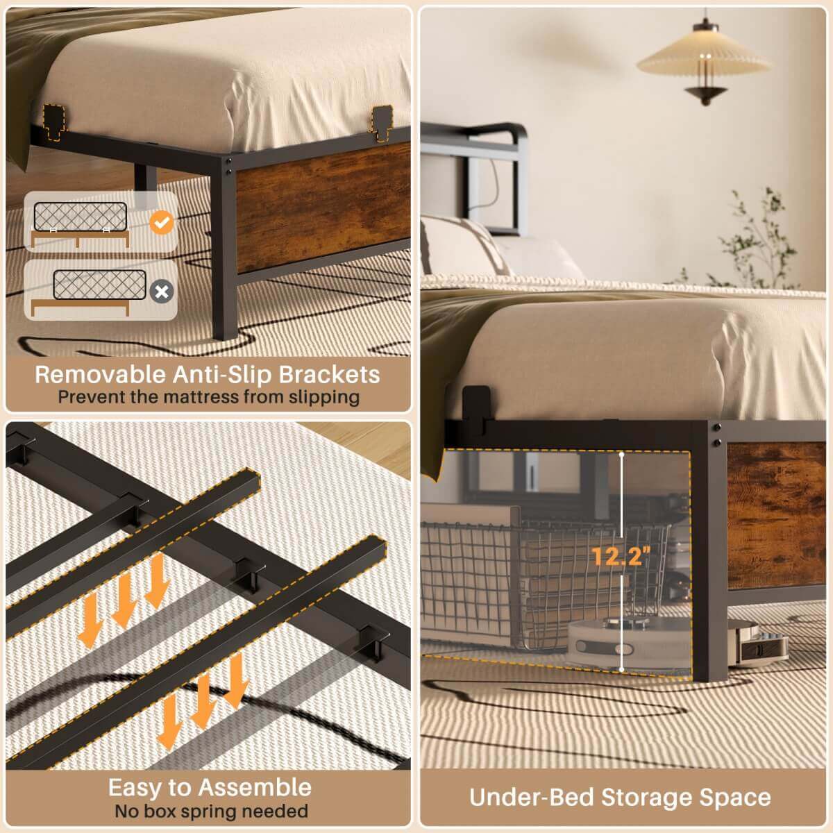 Full Size Bed Frame with Upholstered Leather Headboard, Built in Power Outlets and LED Lights
