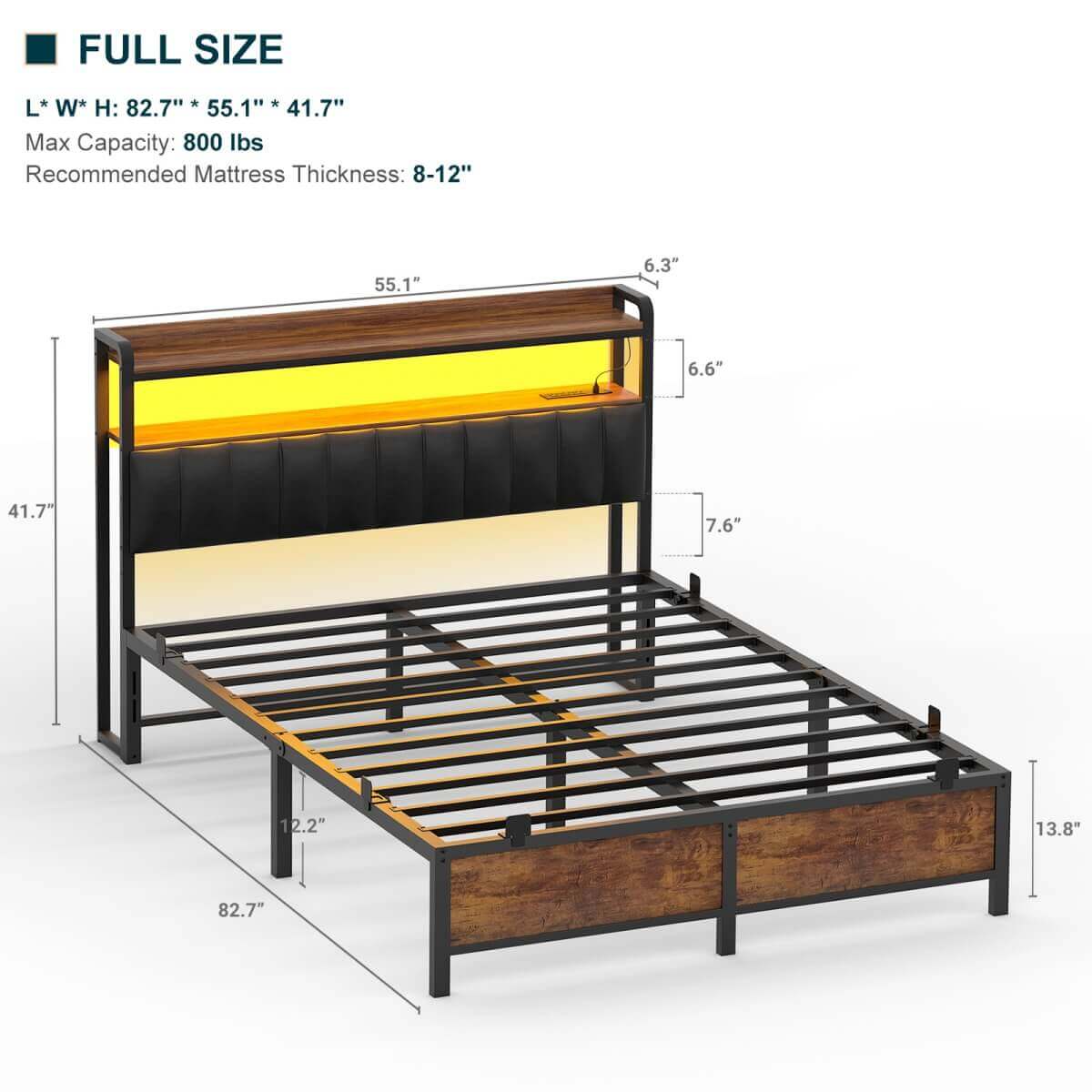 Full Size Bed Frame with Upholstered Leather Headboard, Built in Power Outlets and LED Lights