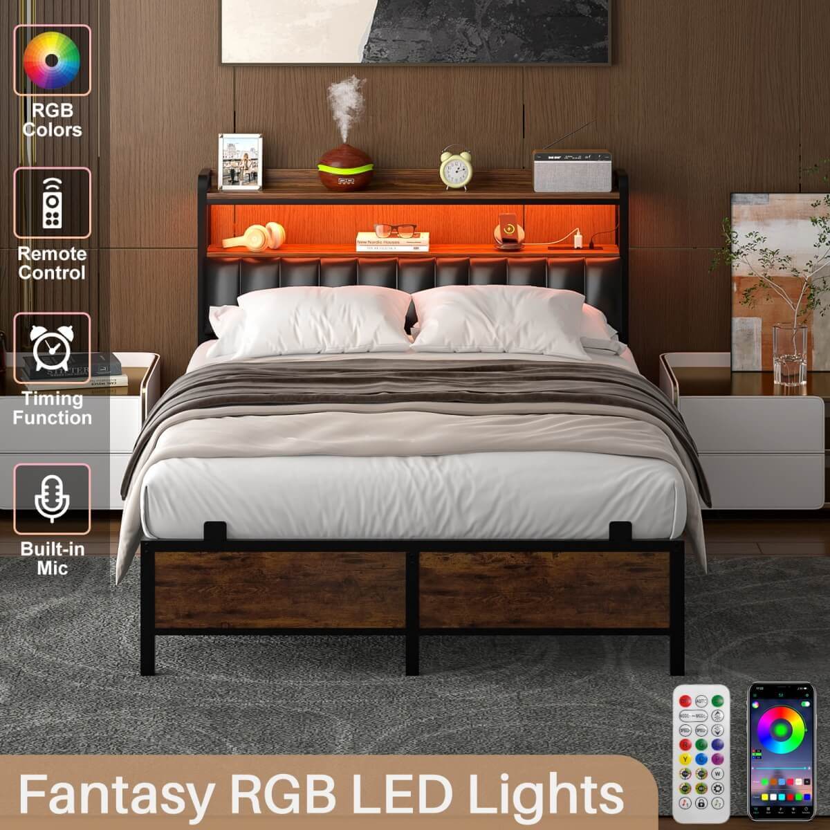 Full Size Bed Frame with Upholstered Leather Headboard, Built in Power Outlets and LED Lights