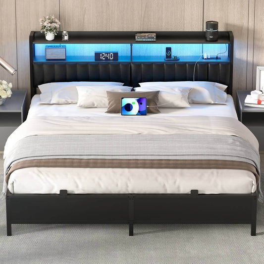 King Size Bed Frame with Upholstered Leather Headboard, Built in Power Outlets and LED Lights