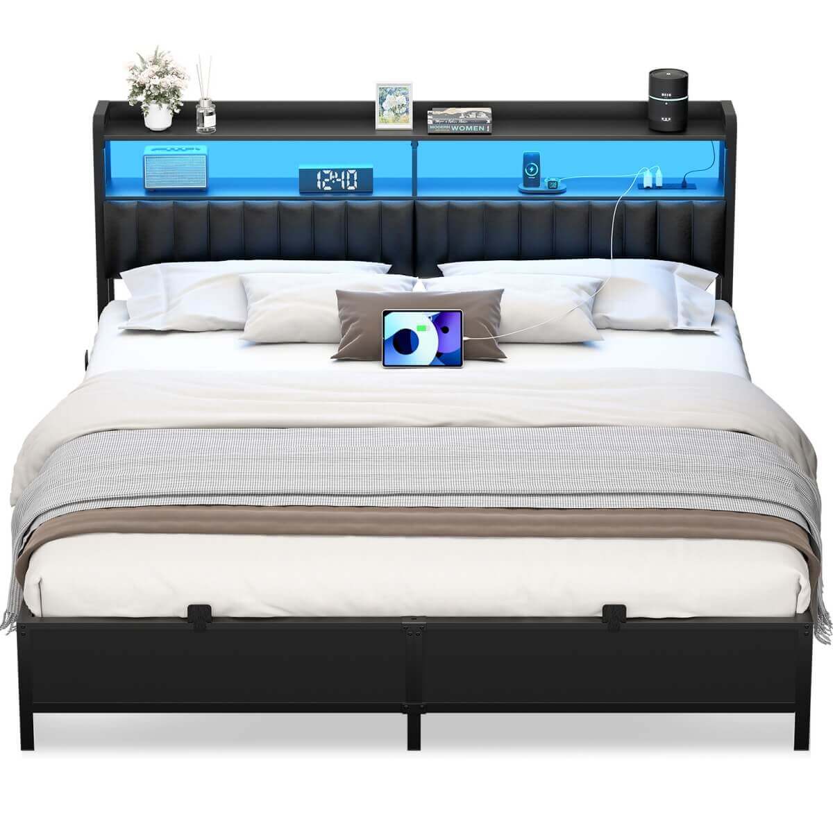 King Size Bed Frame with Upholstered Leather Headboard, Built in Power Outlets and LED Lights