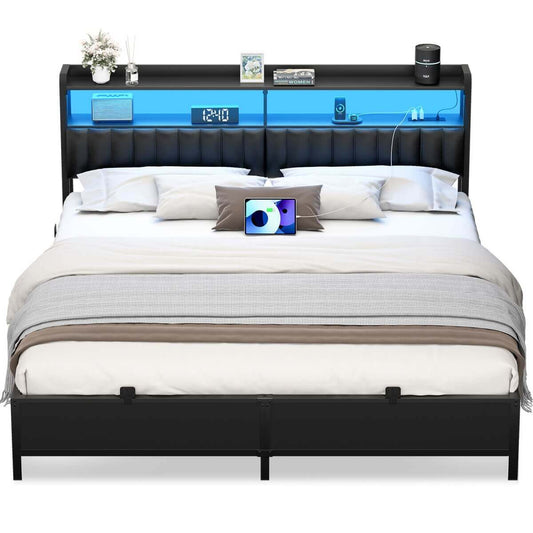 King Size Bed Frame with Upholstered Leather Headboard, Built in Power Outlets and LED Lights