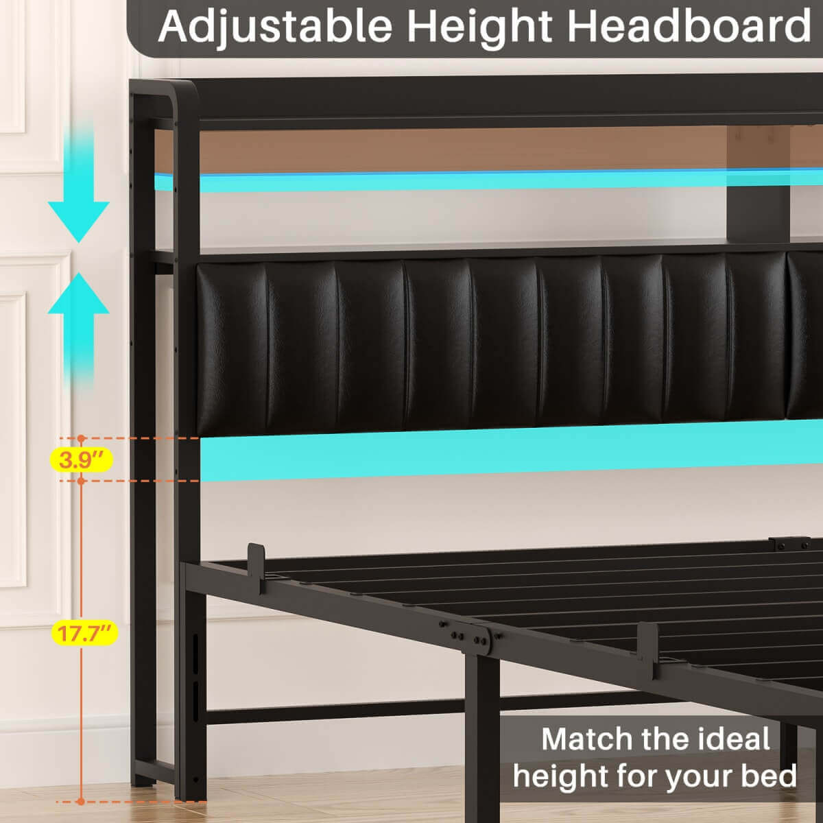 King Size Bed Frame with Upholstered Leather Headboard, Built in Power Outlets and LED Lights