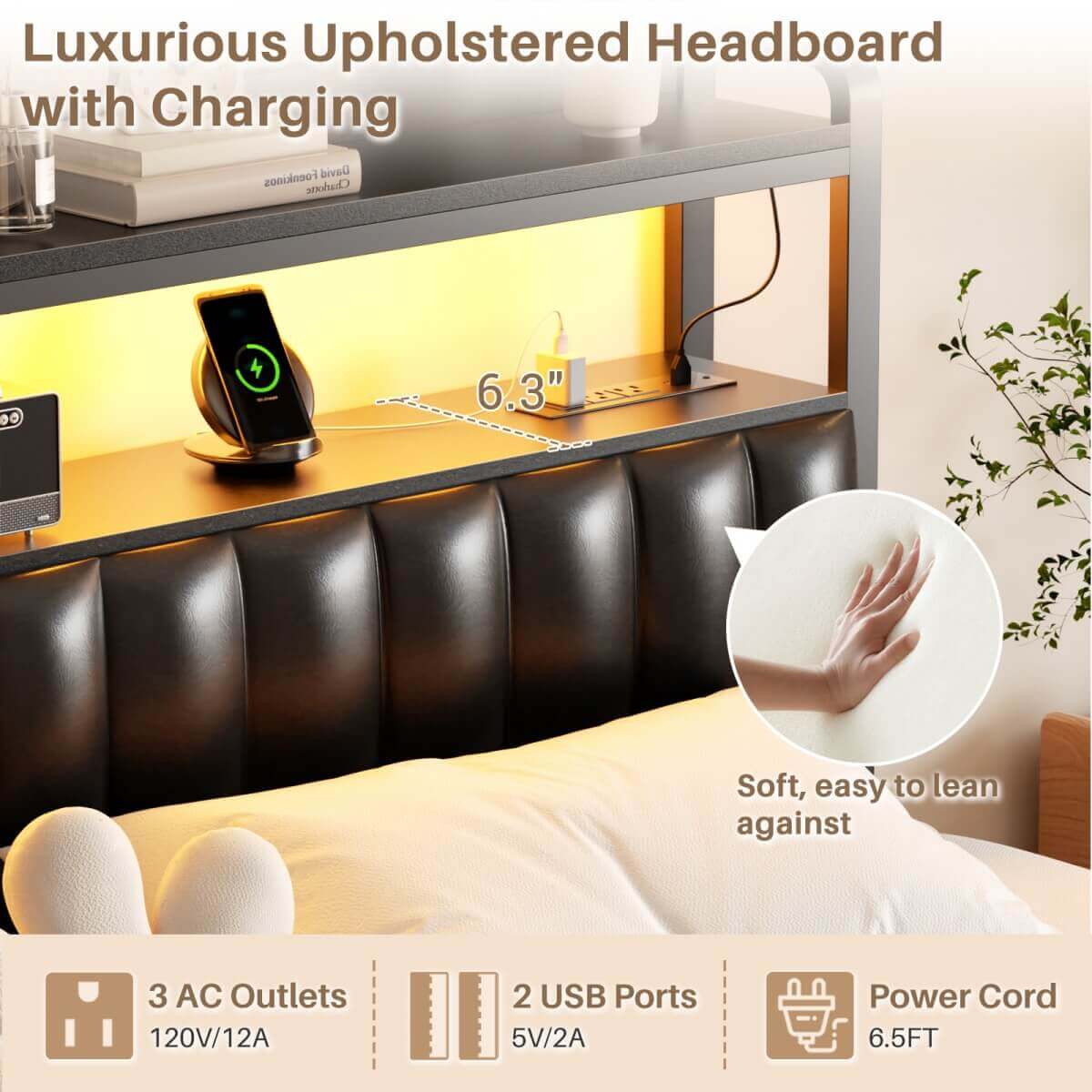 King Size Bed Frame with Upholstered Leather Headboard, Built in Power Outlets and LED Lights