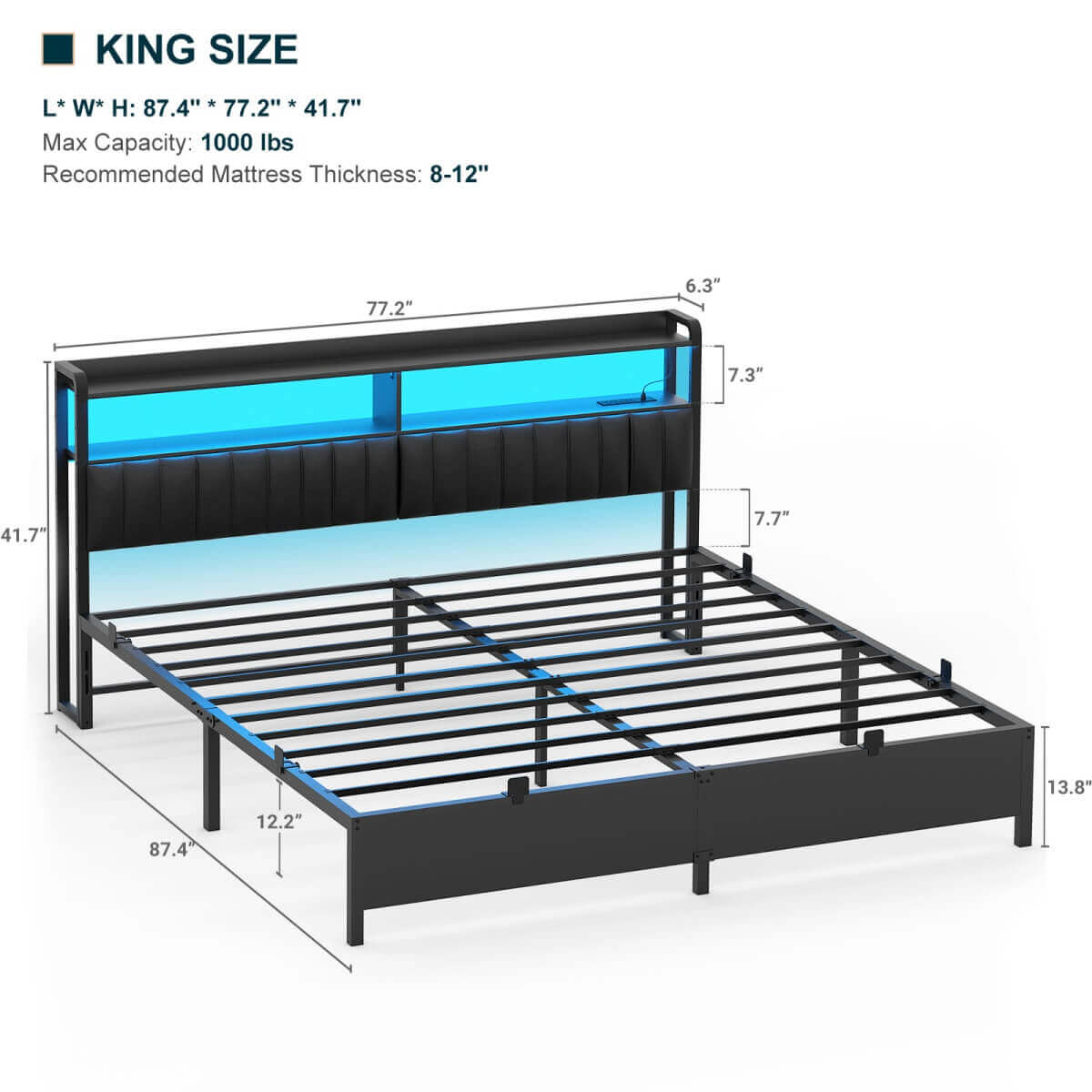 King Size Bed Frame with Upholstered Leather Headboard, Built in Power Outlets and LED Lights