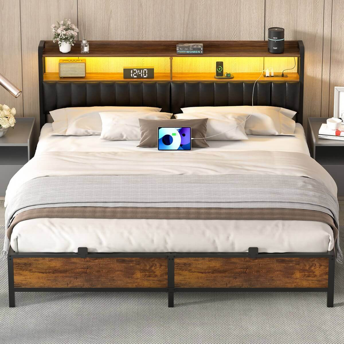 King Size Bed Frame with Upholstered Leather Headboard, Built in Power Outlets and LED Lights