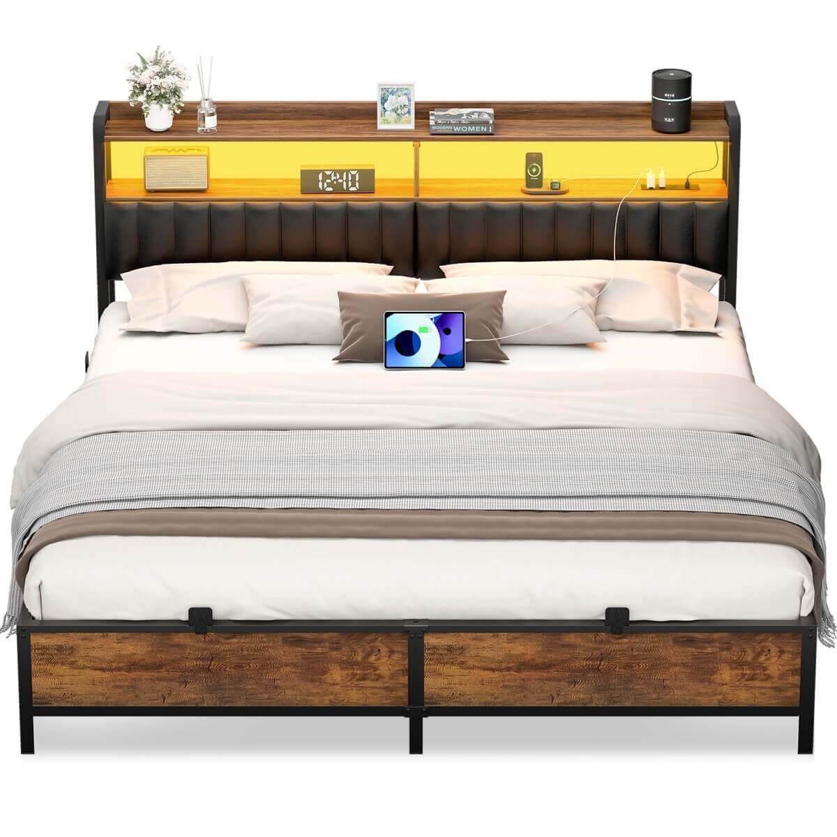 King Size Bed Frame with Upholstered Leather Headboard, Built in Power Outlets and LED Lights