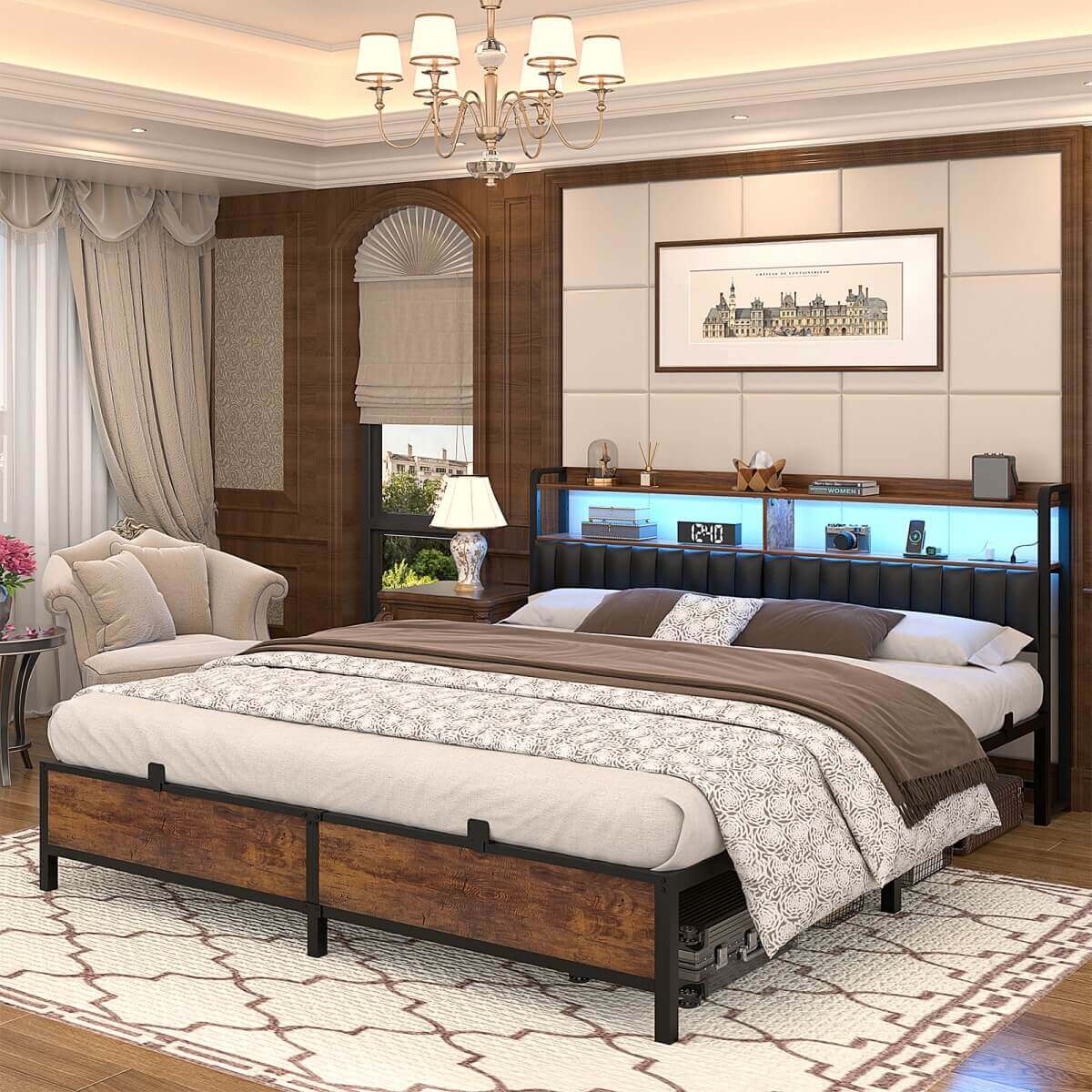 King Size Bed Frame with Upholstered Leather Headboard, Built in Power Outlets and LED Lights