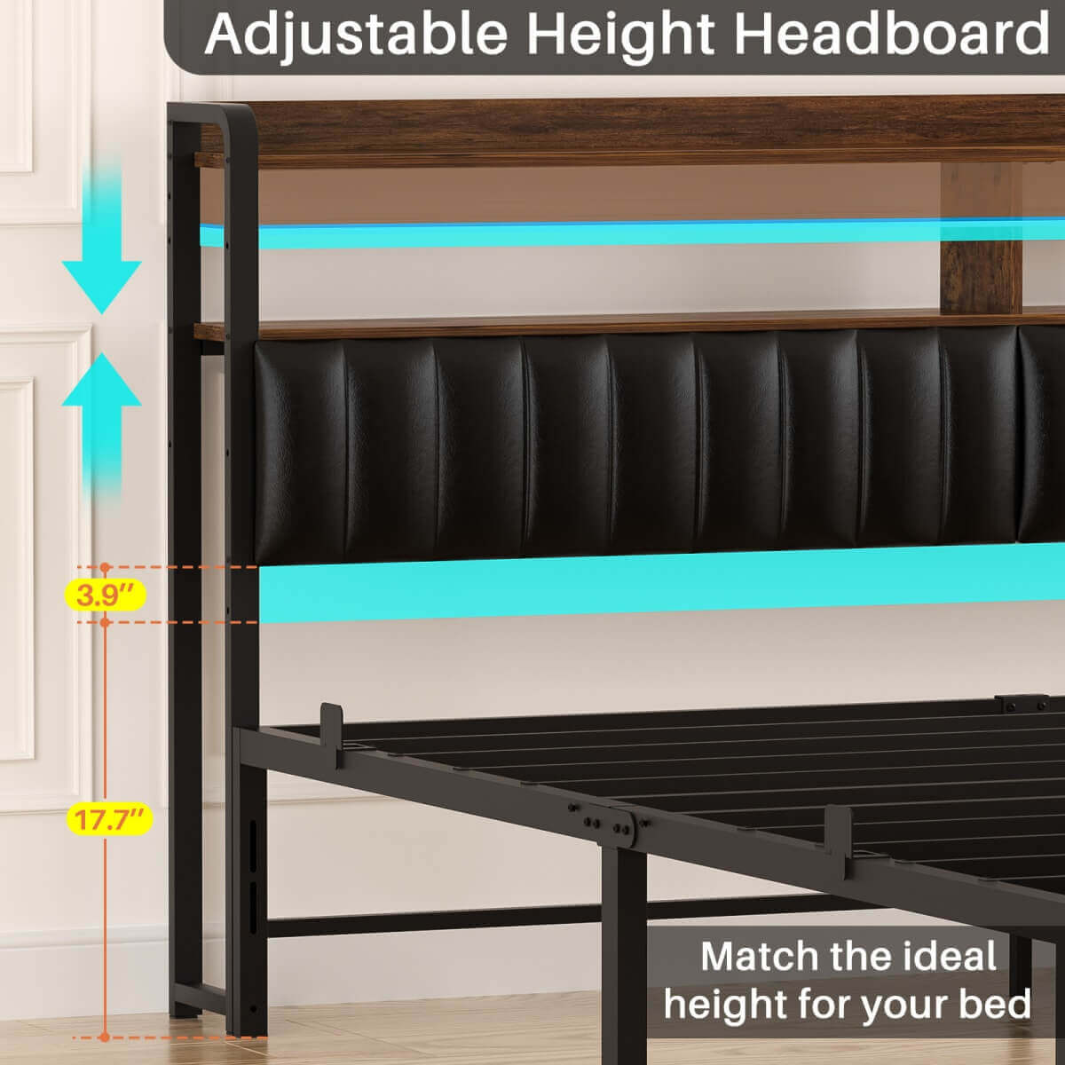 King Size Bed Frame with Upholstered Leather Headboard, Built in Power Outlets and LED Lights
