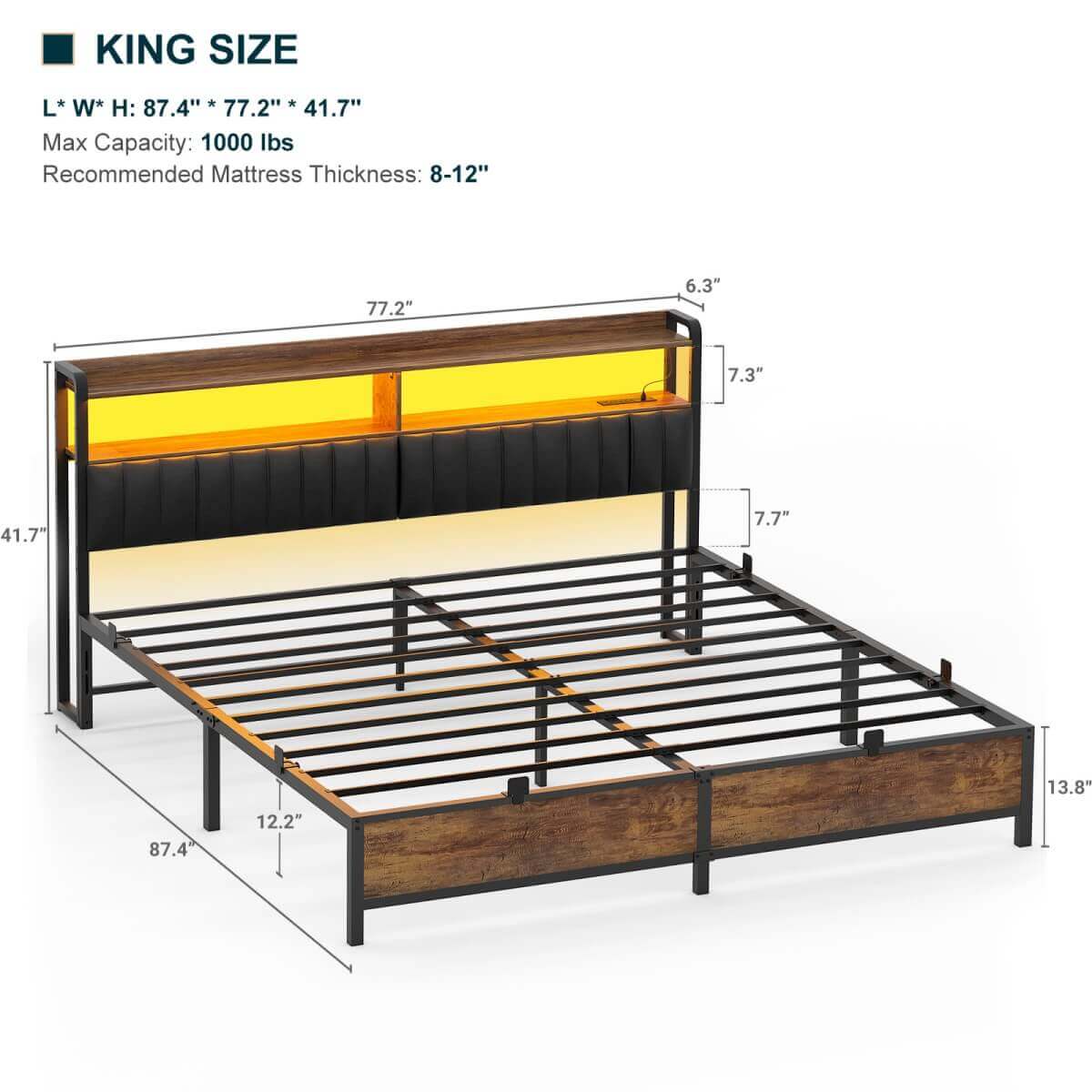 King Size Bed Frame with Upholstered Leather Headboard, Built in Power Outlets and LED Lights