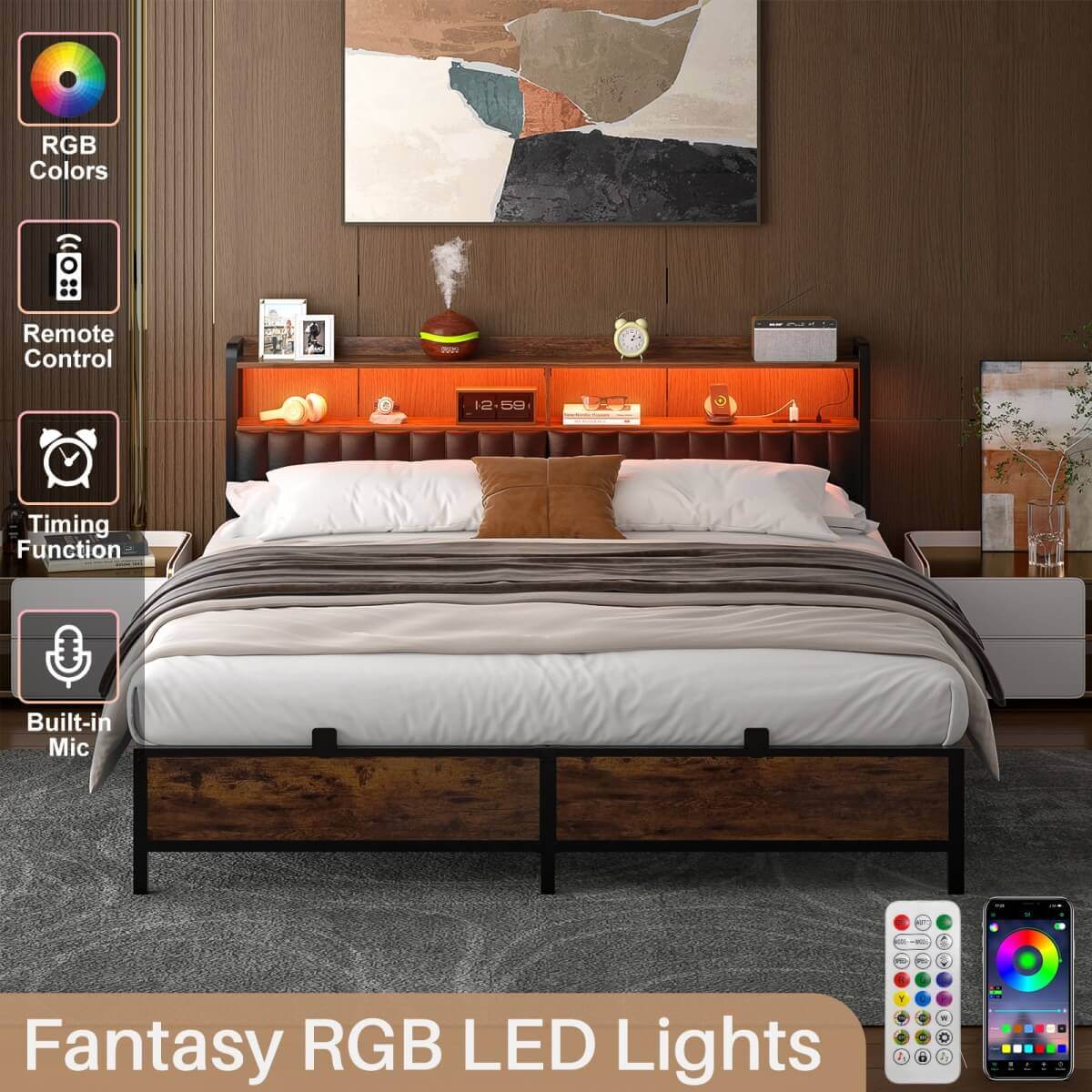King Size Bed Frame with Upholstered Leather Headboard, Built in Power Outlets and LED Lights