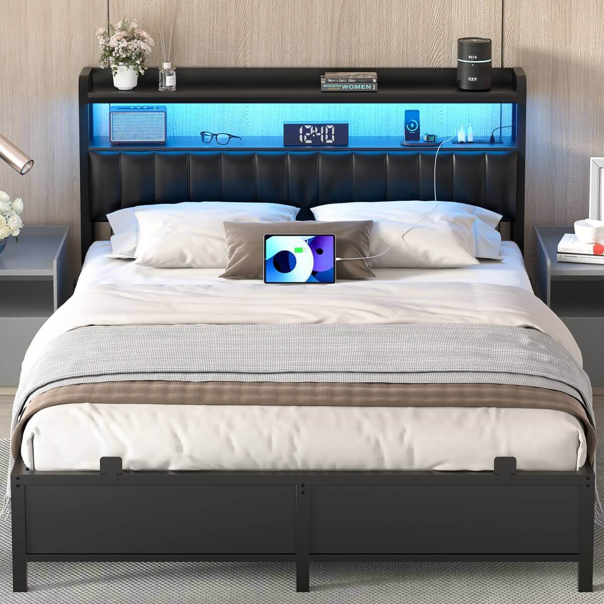 Queen Size Bed Frame with Upholstered Leather Headboard, Built in Power Outlets and LED Lights
