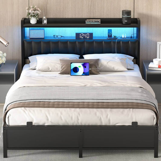 Queen Size Bed Frame with Upholstered Leather Headboard, Built in Power Outlets and LED Lights