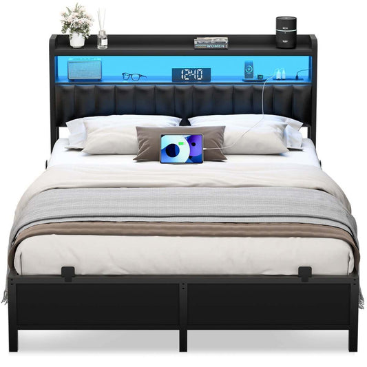 Queen Size Bed Frame with Upholstered Leather Headboard, Built in Power Outlets and LED Lights
