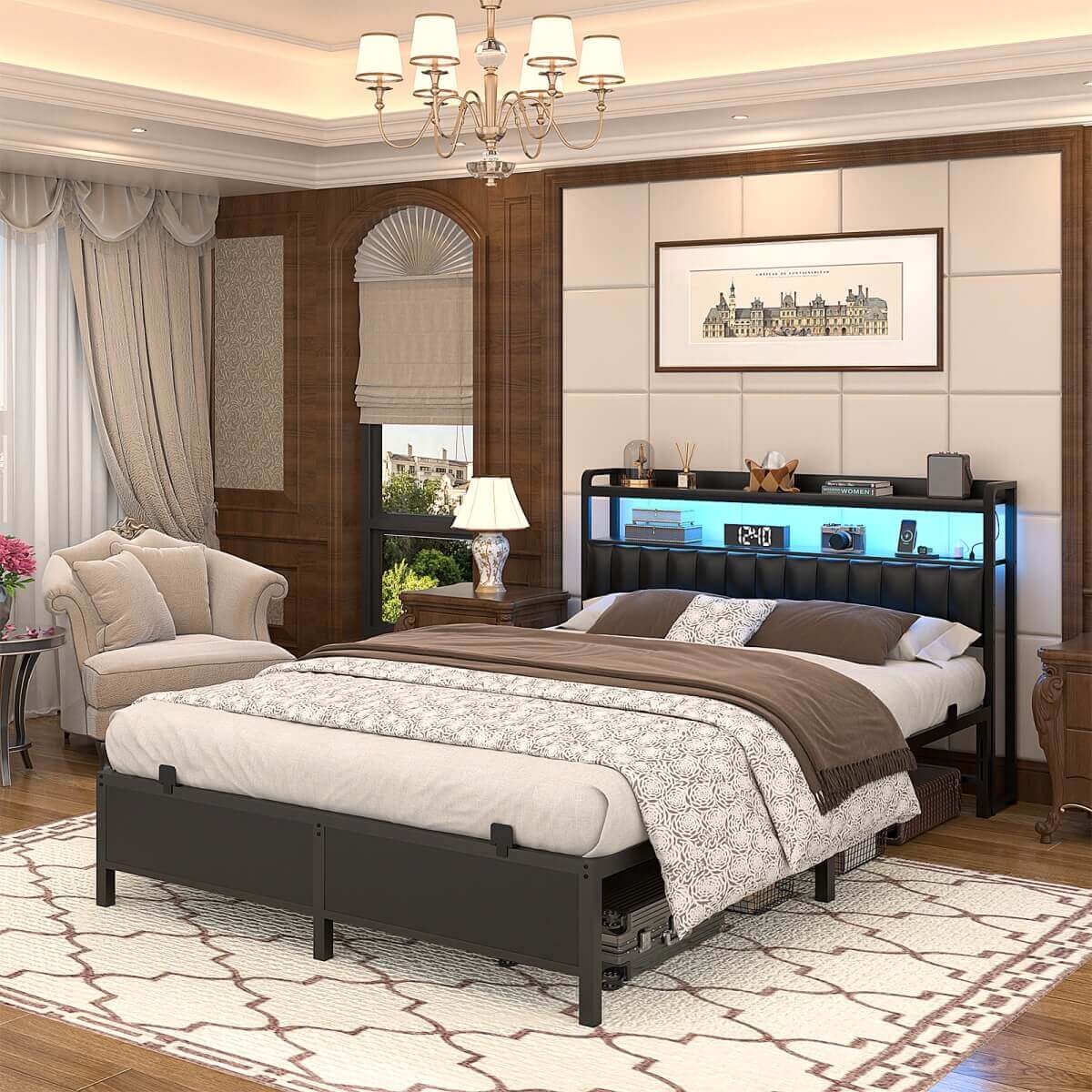 Queen Size Bed Frame with Upholstered Leather Headboard, Built in Power Outlets and LED Lights