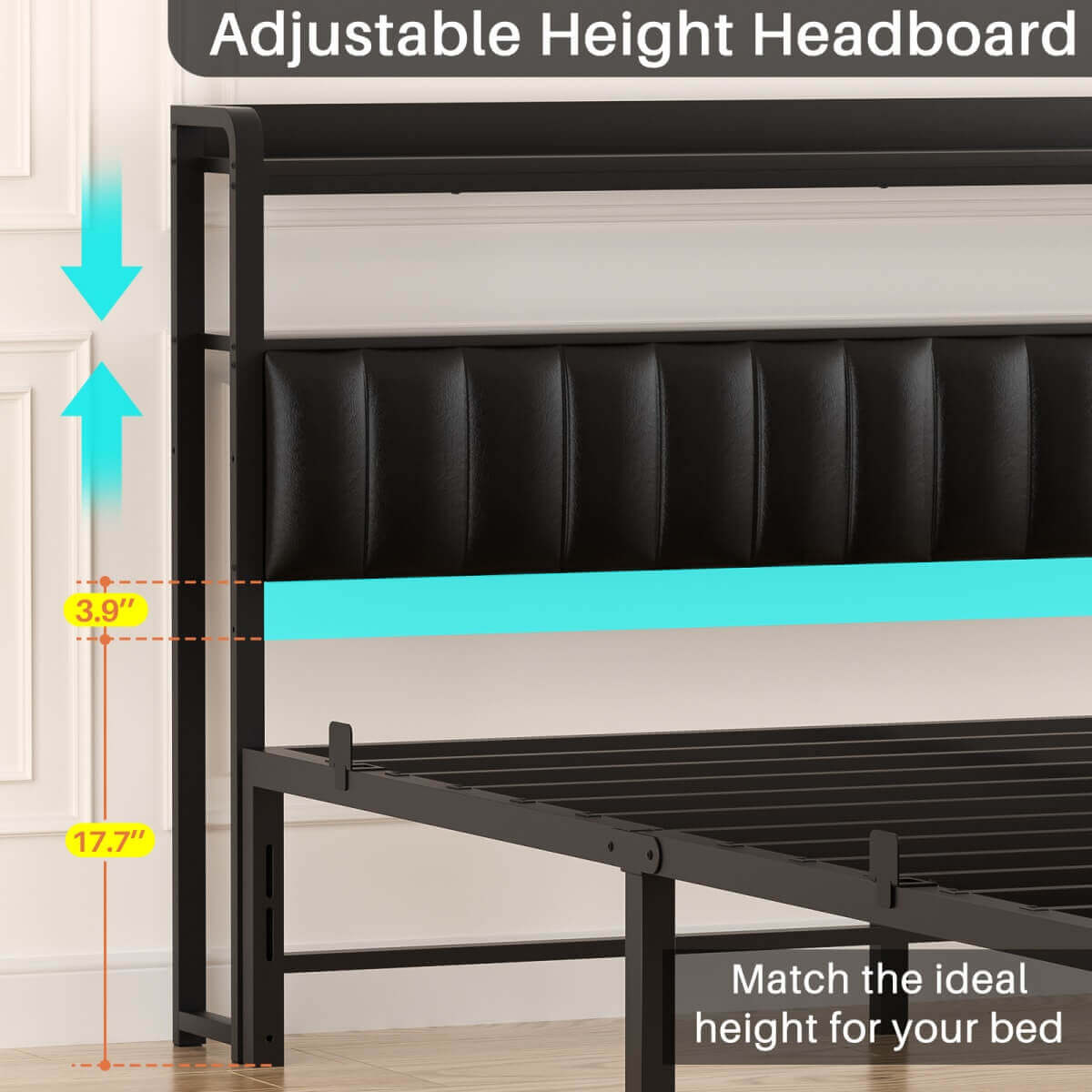 Queen Size Bed Frame with Upholstered Leather Headboard, Built in Power Outlets and LED Lights