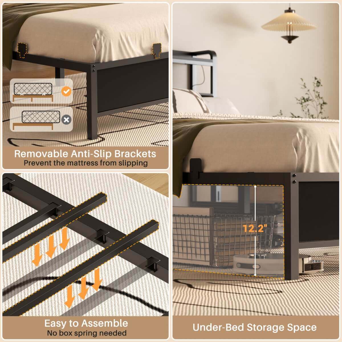 Queen Size Bed Frame with Upholstered Leather Headboard, Built in Power Outlets and LED Lights