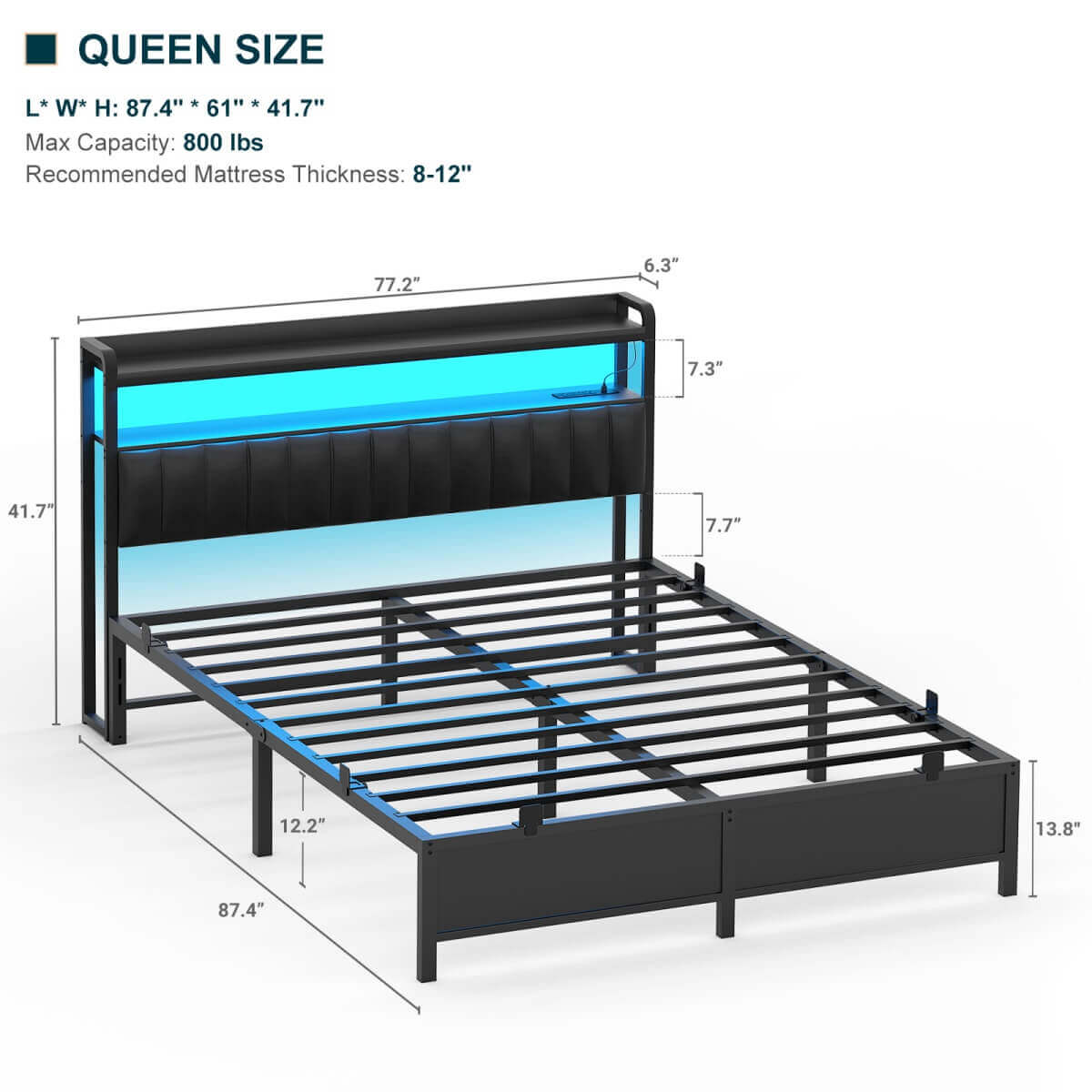 Queen Size Bed Frame with Upholstered Leather Headboard, Built in Power Outlets and LED Lights