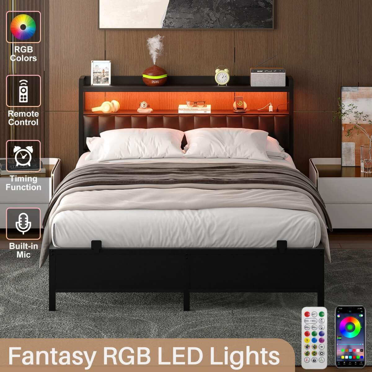 Queen Size Bed Frame with Upholstered Leather Headboard, Built in Power Outlets and LED Lights