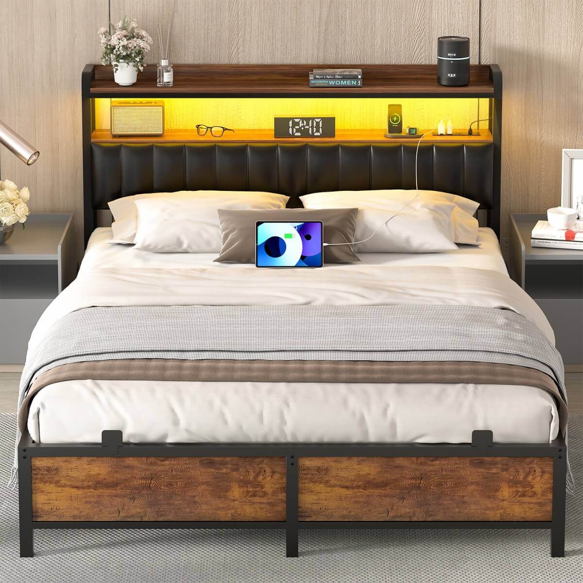 Queen Size Bed Frame with Upholstered Leather Headboard, Built in Power Outlets and LED Lights