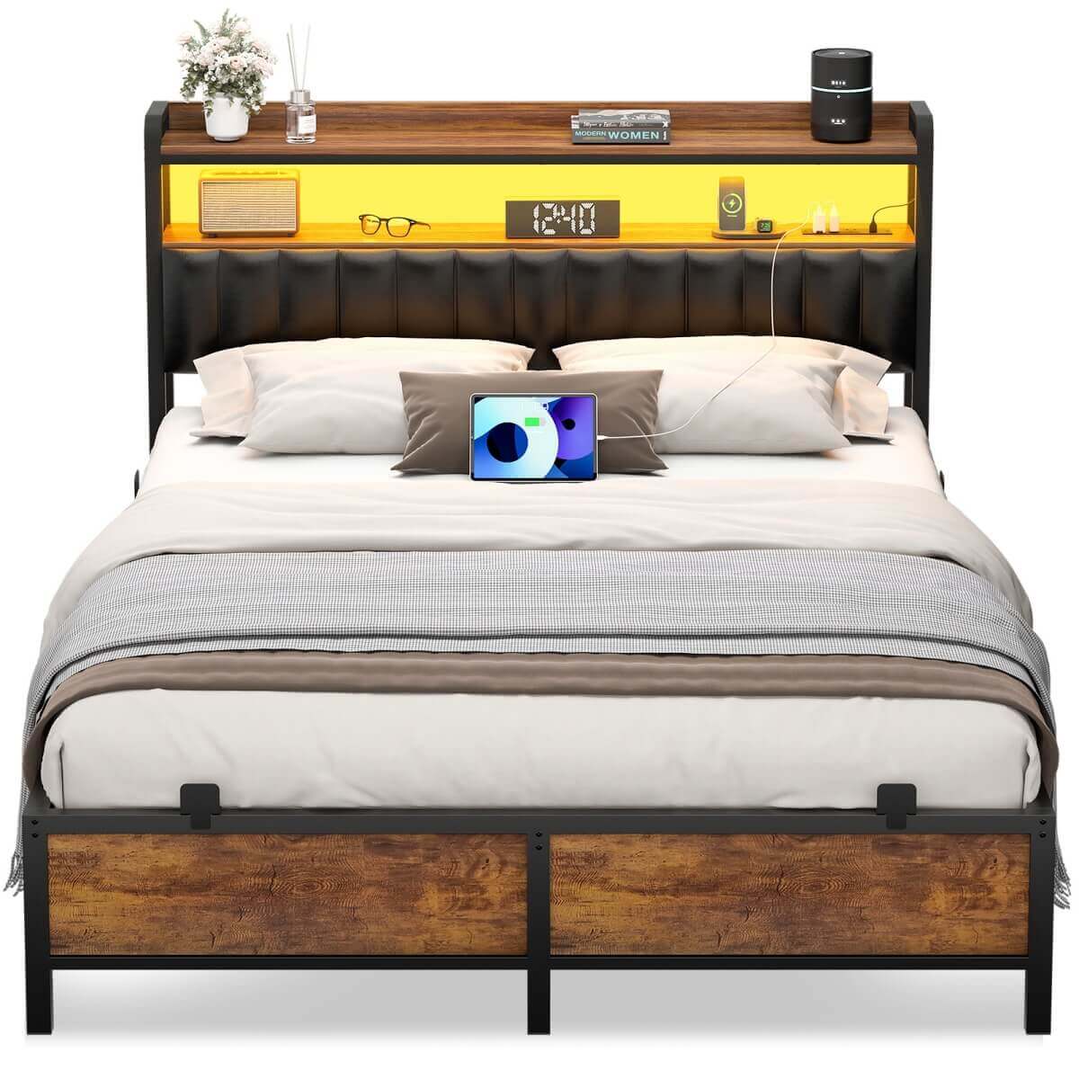 Queen Size Bed Frame with Upholstered Leather Headboard, Built in Power Outlets and LED Lights