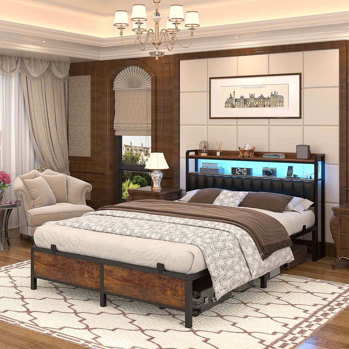 Queen Size Bed Frame with Upholstered Leather Headboard, Built in Power Outlets and LED Lights