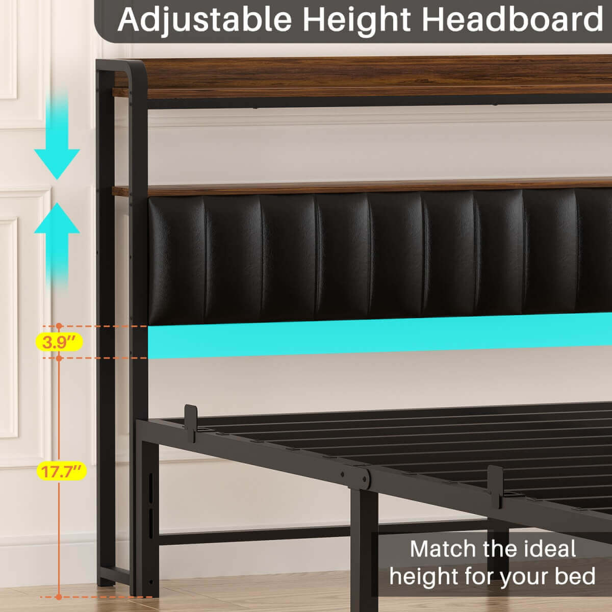Queen Size Bed Frame with Upholstered Leather Headboard, Built in Power Outlets and LED Lights