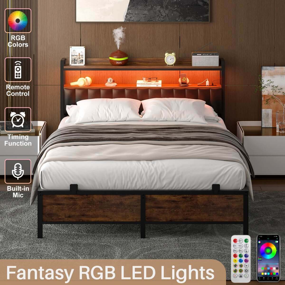 Queen Size Bed Frame with Upholstered Leather Headboard, Built in Power Outlets and LED Lights
