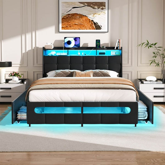 Upholstered Full Bed Frame with Storage Headboard, Drawers, Charging Station, and LED Light