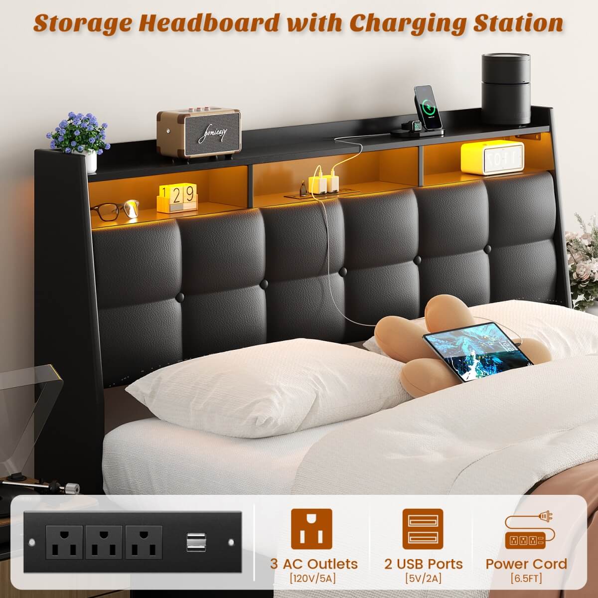 Upholstered Full Bed Frame with Storage Headboard, Drawers, Charging Station, and LED Light