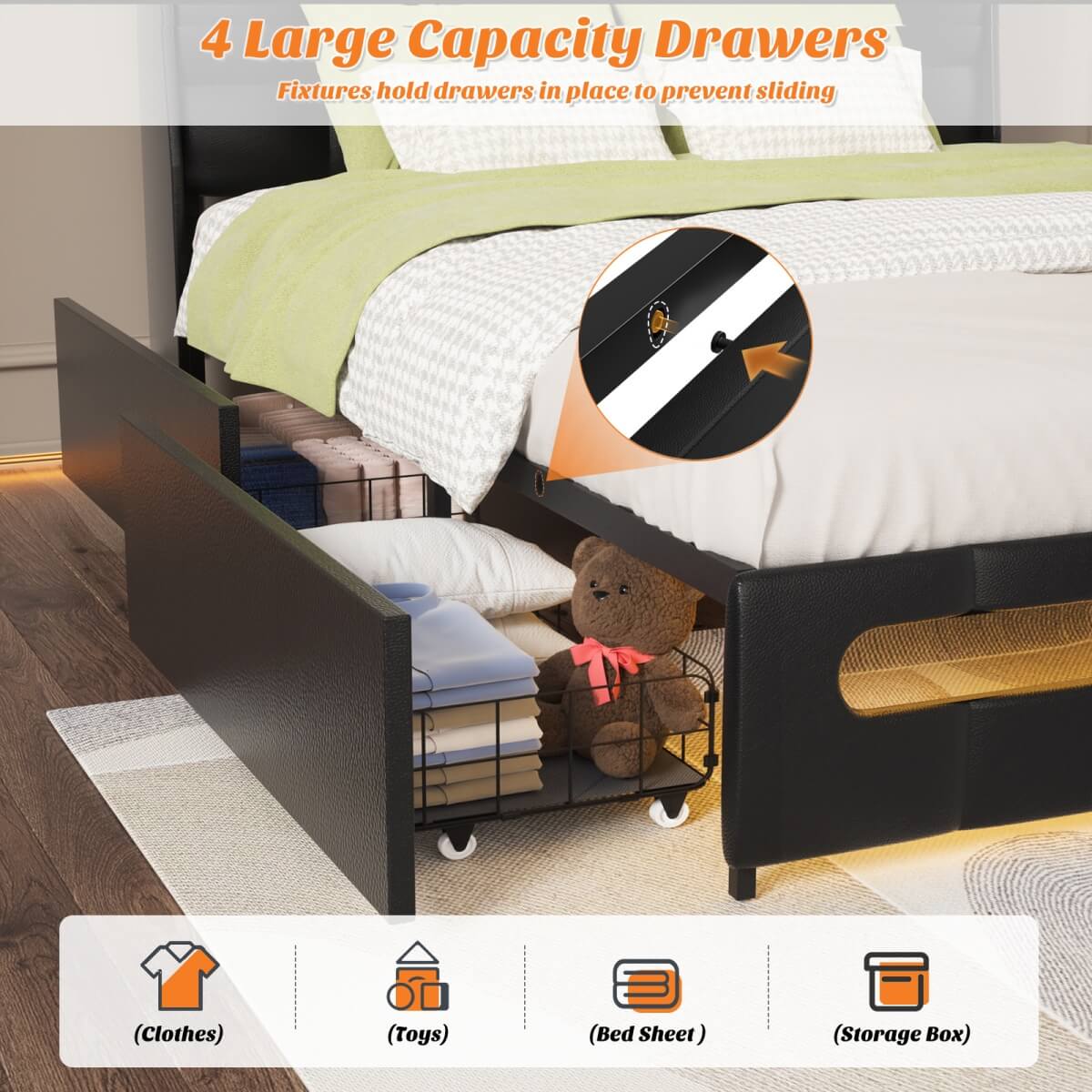 Upholstered Full Bed Frame with Storage Headboard, Drawers, Charging Station, and LED Light