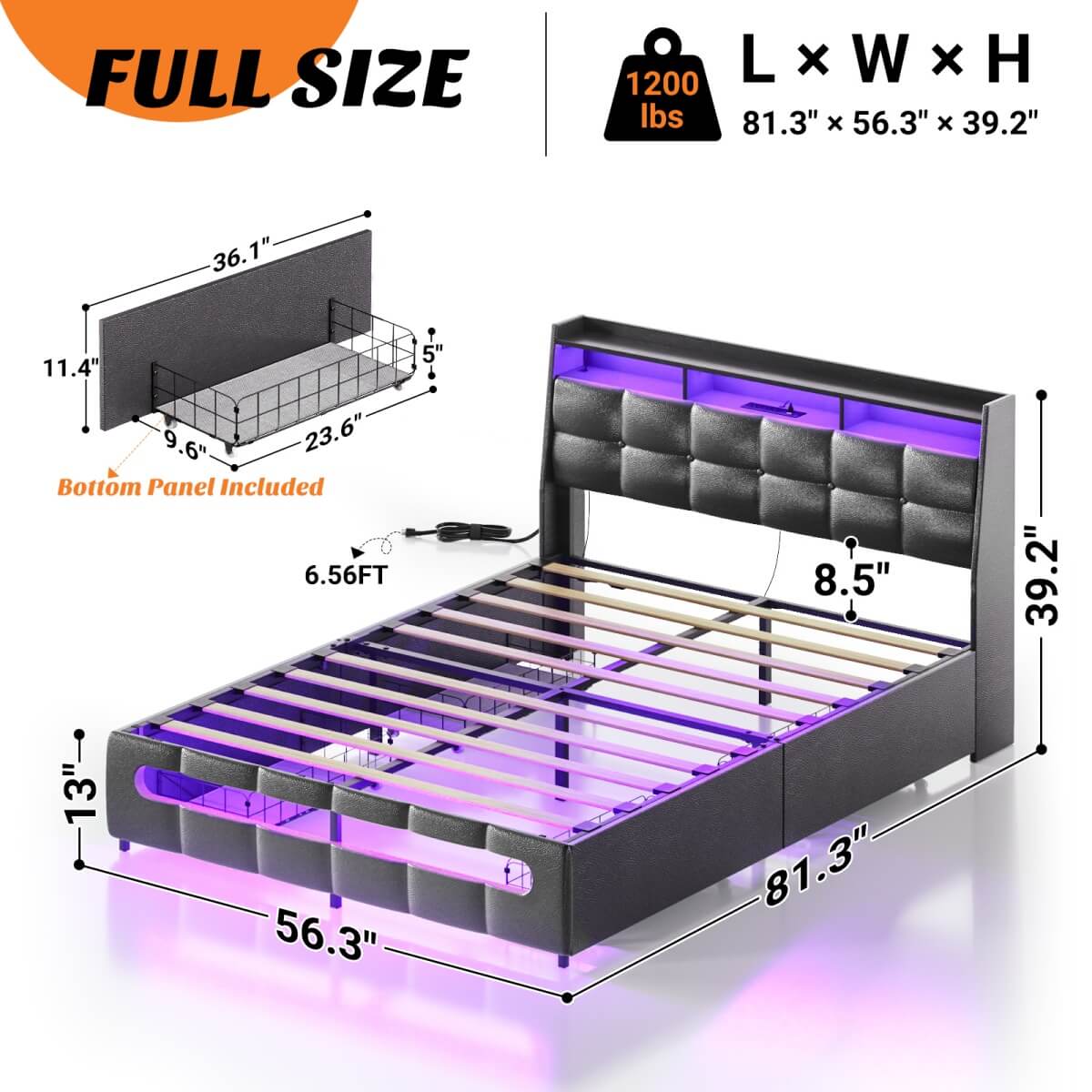 Upholstered Full Bed Frame with Storage Headboard, Drawers, Charging Station, and LED Light