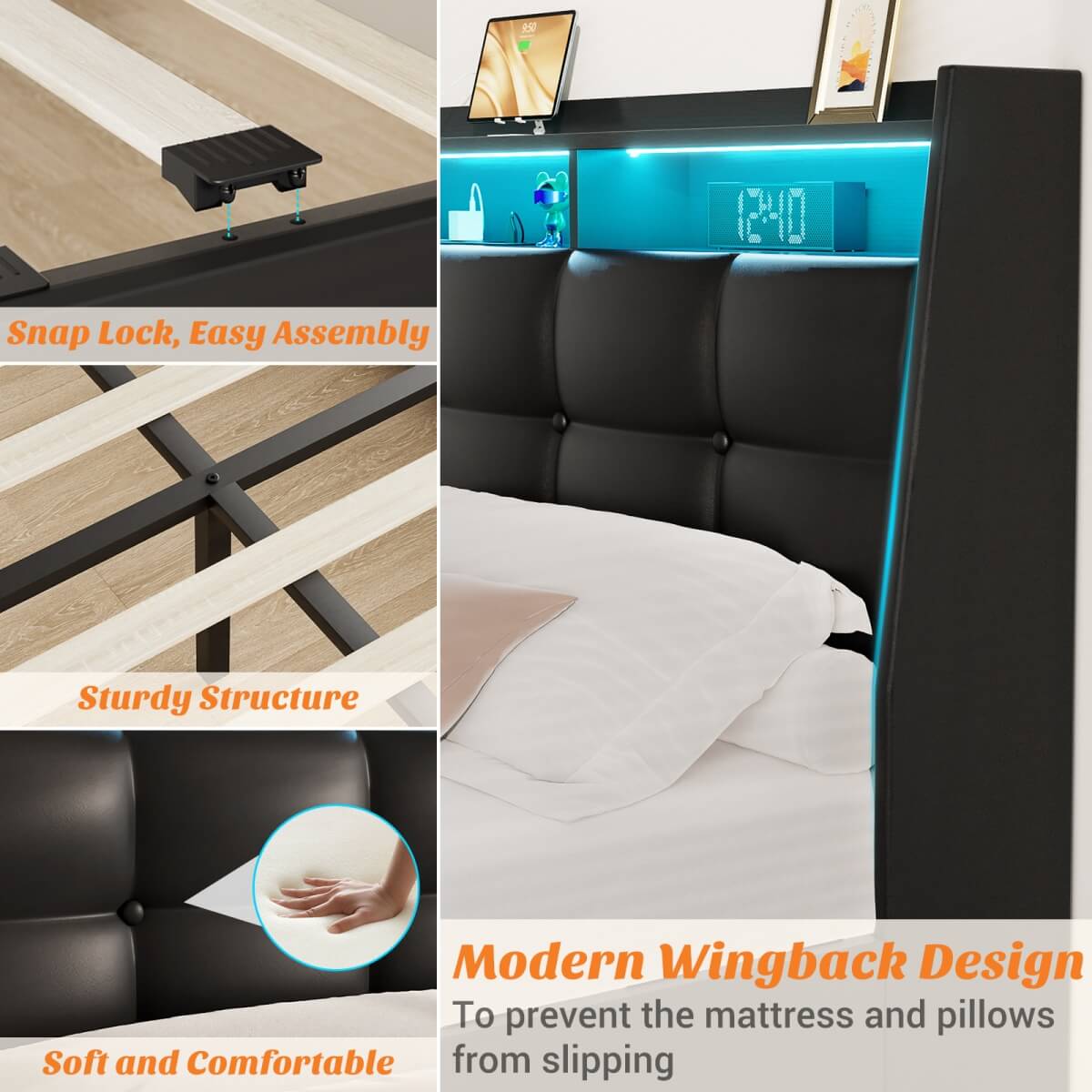 Upholstered Full Bed Frame with Storage Headboard, Drawers, Charging Station, and LED Light