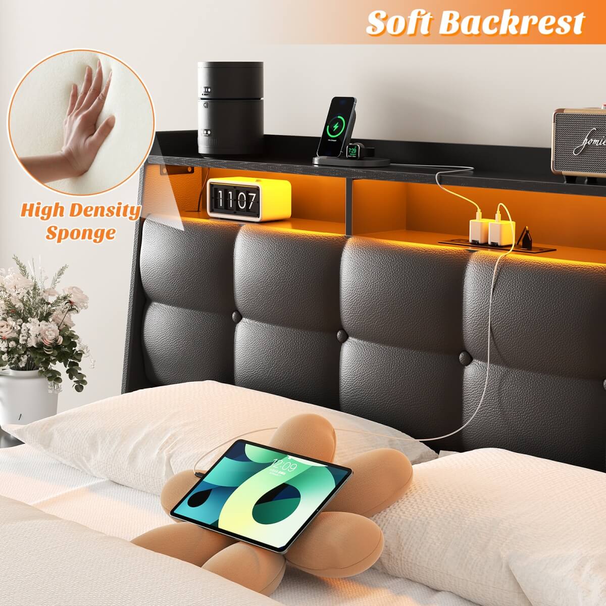 Upholstered Full Bed Frame with Storage Headboard, Drawers, Charging Station, and LED Light