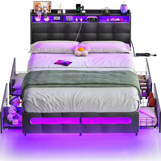 Upholstered Full Bed Frame with Storage Headboard, Drawers, Charging Station, and LED Light