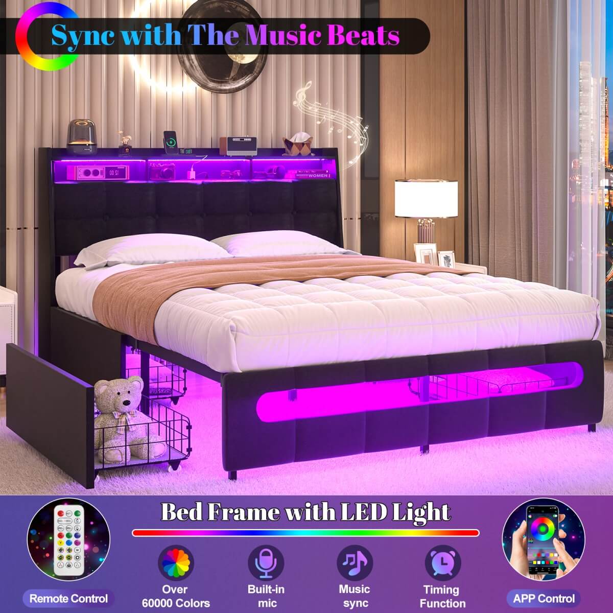Upholstered Full Bed Frame with Storage Headboard, Drawers, Charging Station, and LED Light