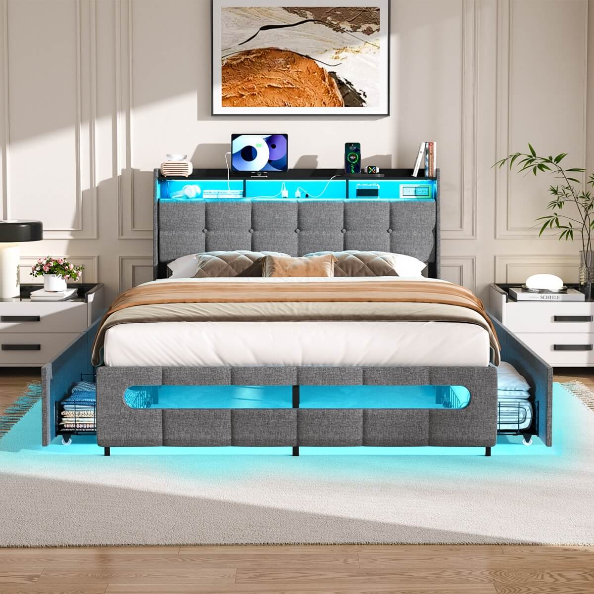 Upholstered Full Bed Frame with Storage Headboard, Drawers, Charging Station, and LED Light