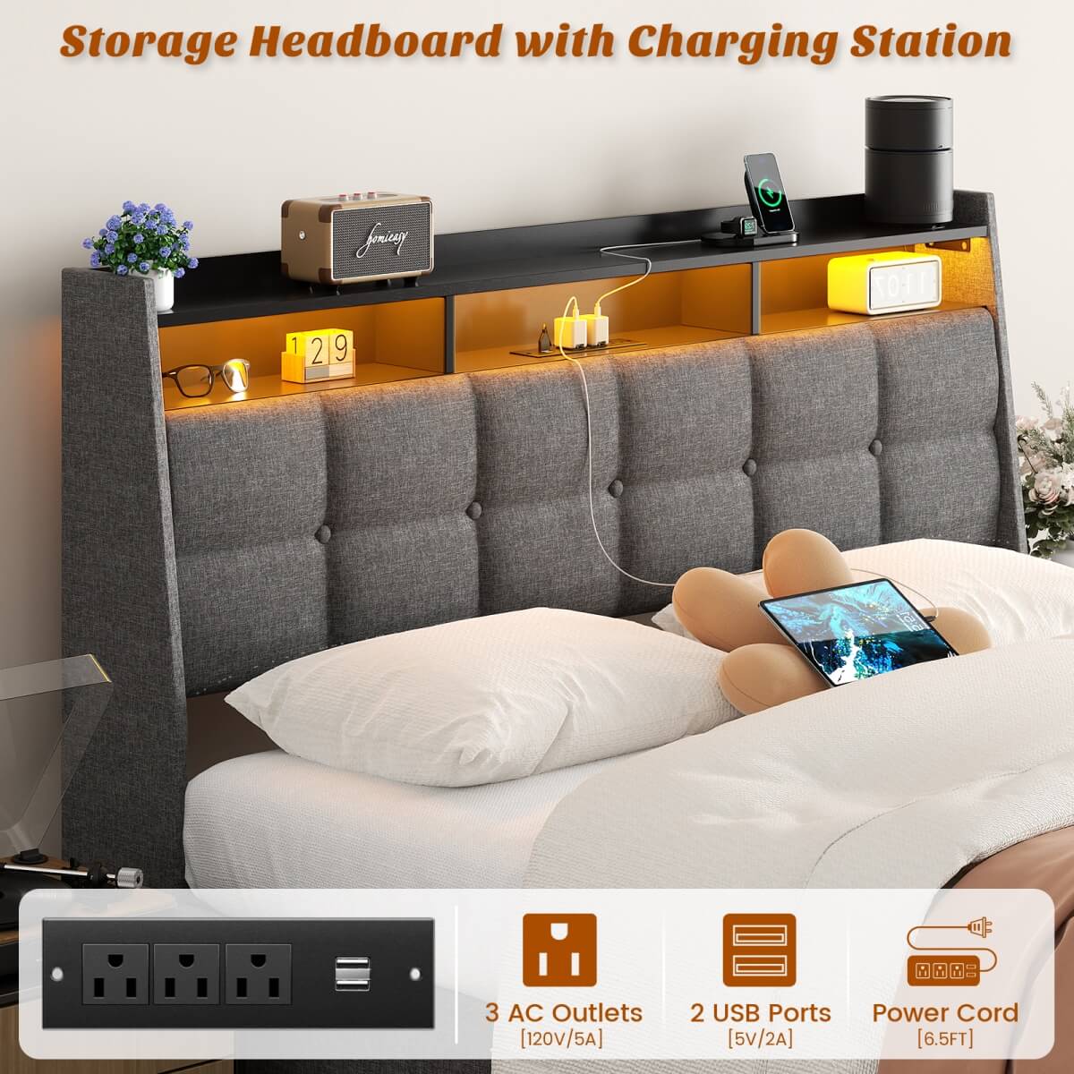 Upholstered Full Bed Frame with Storage Headboard, Drawers, Charging Station, and LED Light