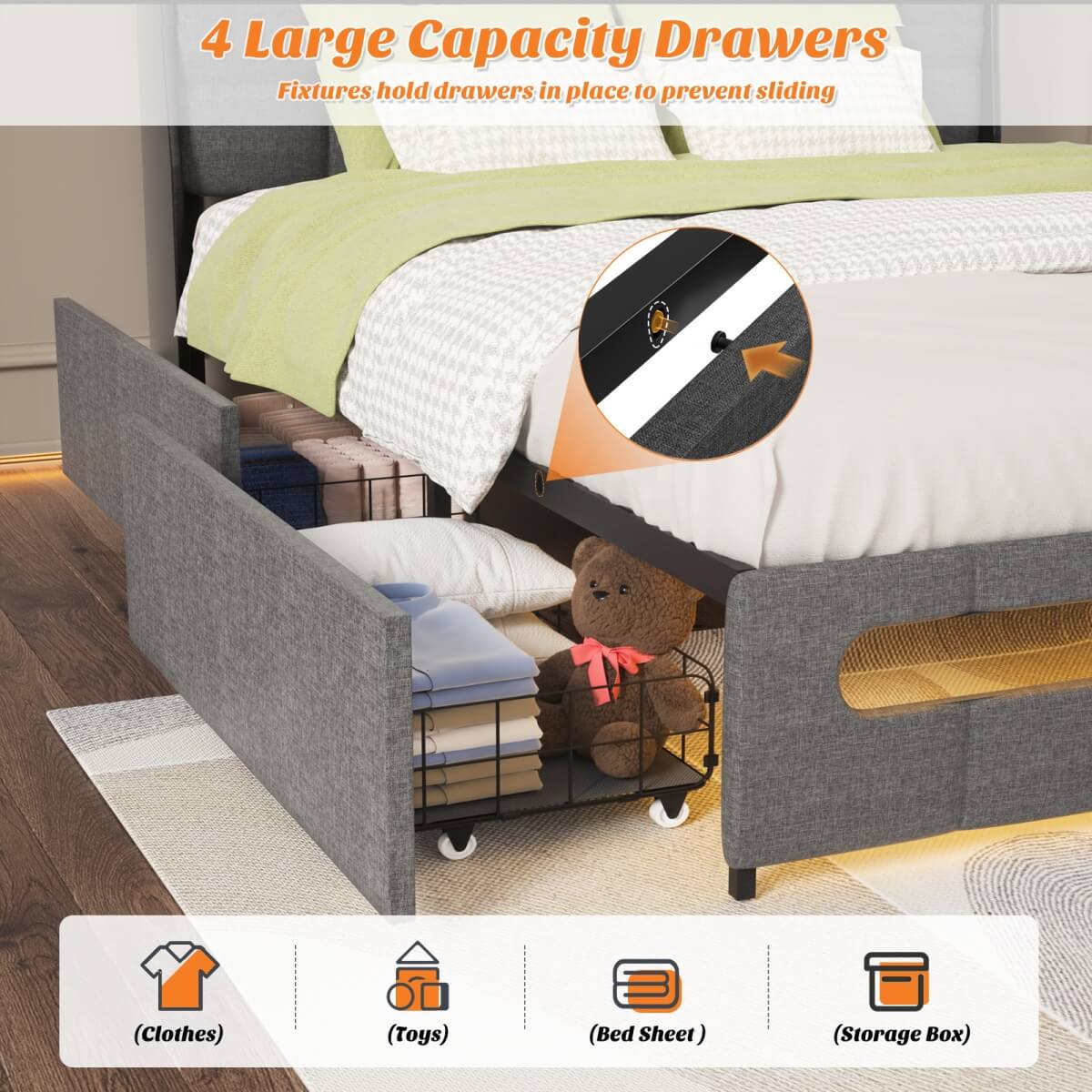 Upholstered Full Bed Frame with Storage Headboard, Drawers, Charging Station, and LED Light
