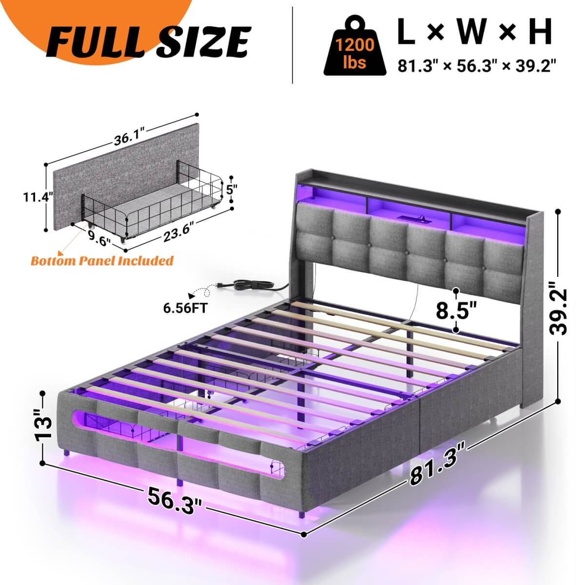 Upholstered Full Bed Frame with Storage Headboard, Drawers, Charging Station, and LED Light