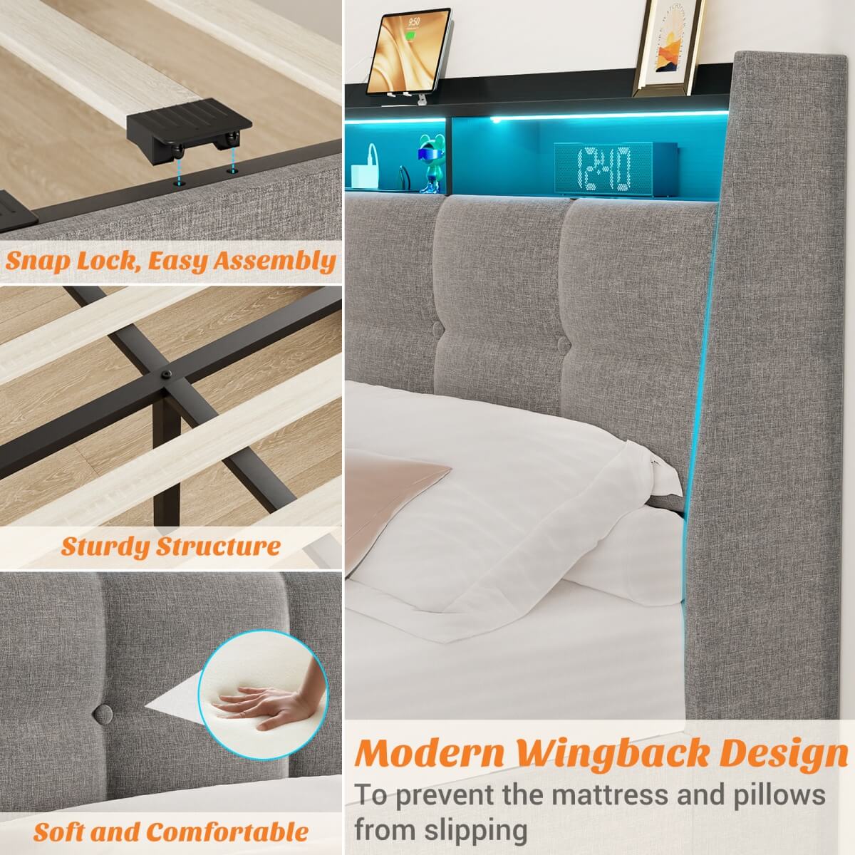 Upholstered Full Bed Frame with Storage Headboard, Drawers, Charging Station, and LED Light