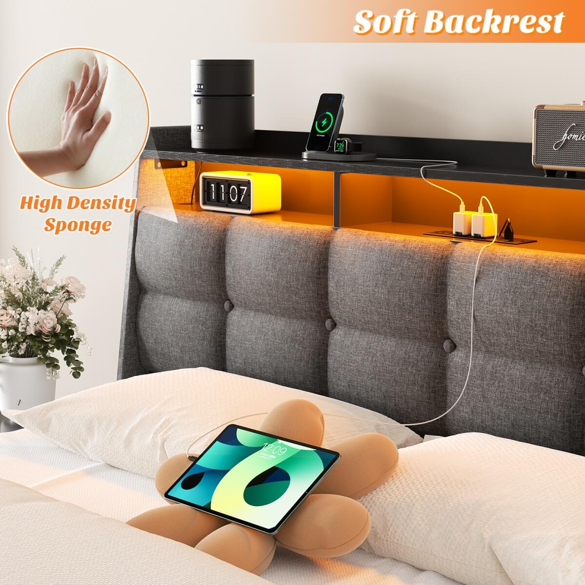 Upholstered Full Bed Frame with Storage Headboard, Drawers, Charging Station, and LED Light