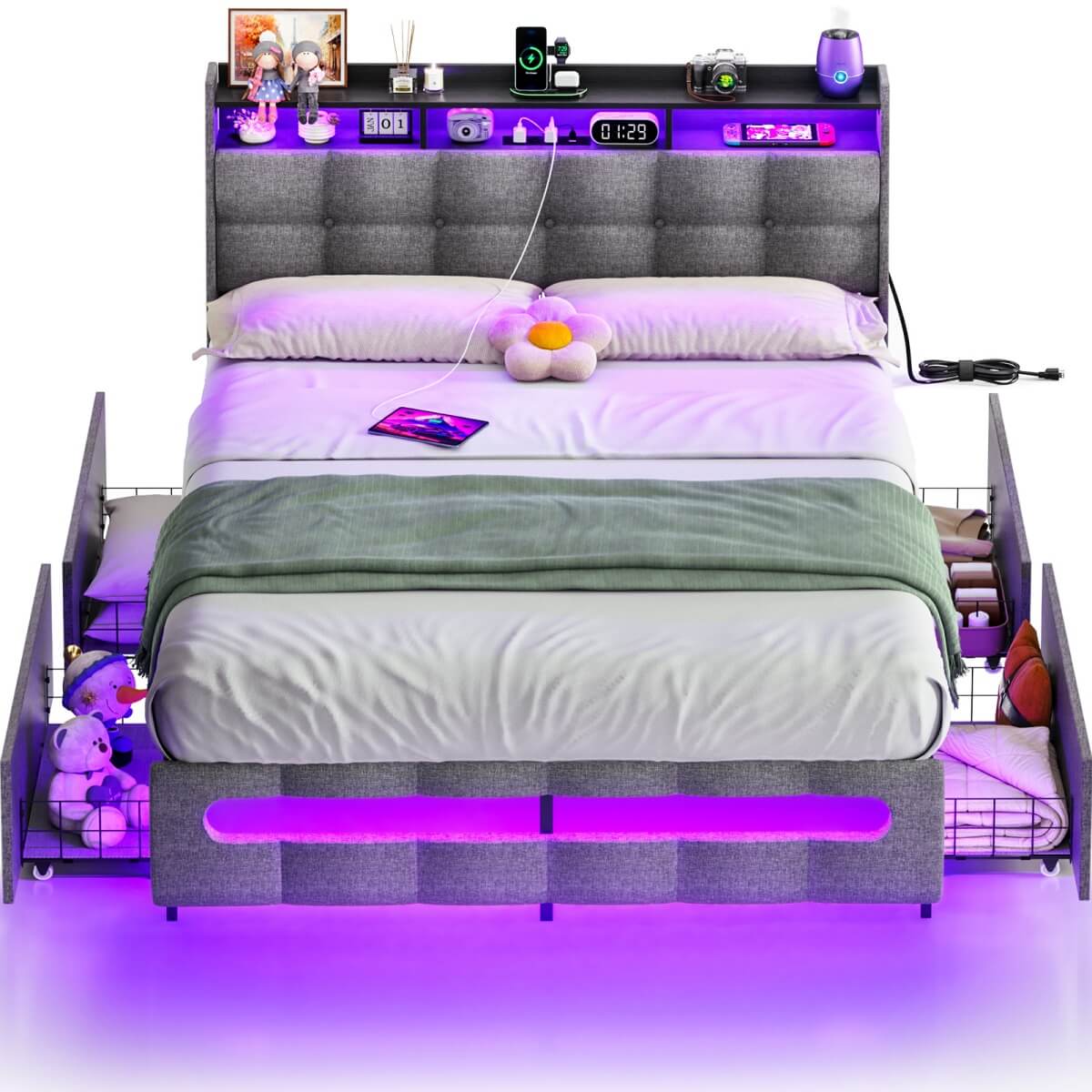 Upholstered Full Bed Frame with Storage Headboard, Drawers, Charging Station, and LED Light