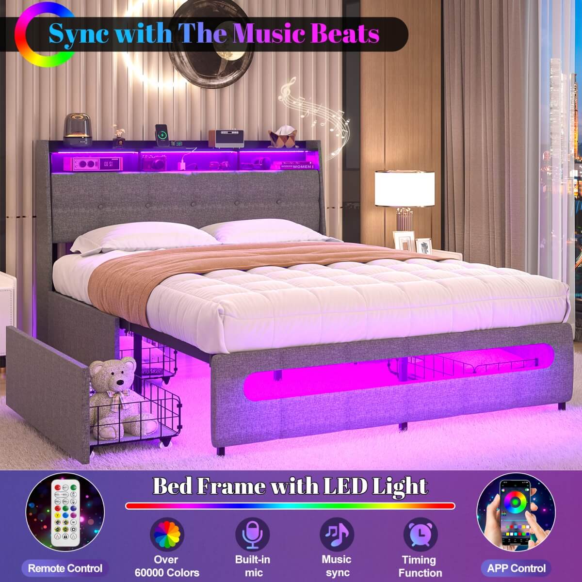 Upholstered Full Bed Frame with Storage Headboard, Drawers, Charging Station, and LED Light