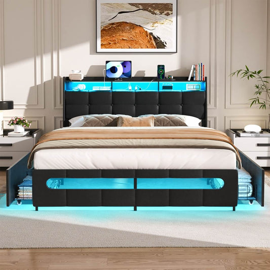 Upholstered Queen Bed Frame with Storage Headboard, Drawers, Charging Station, and LED Light