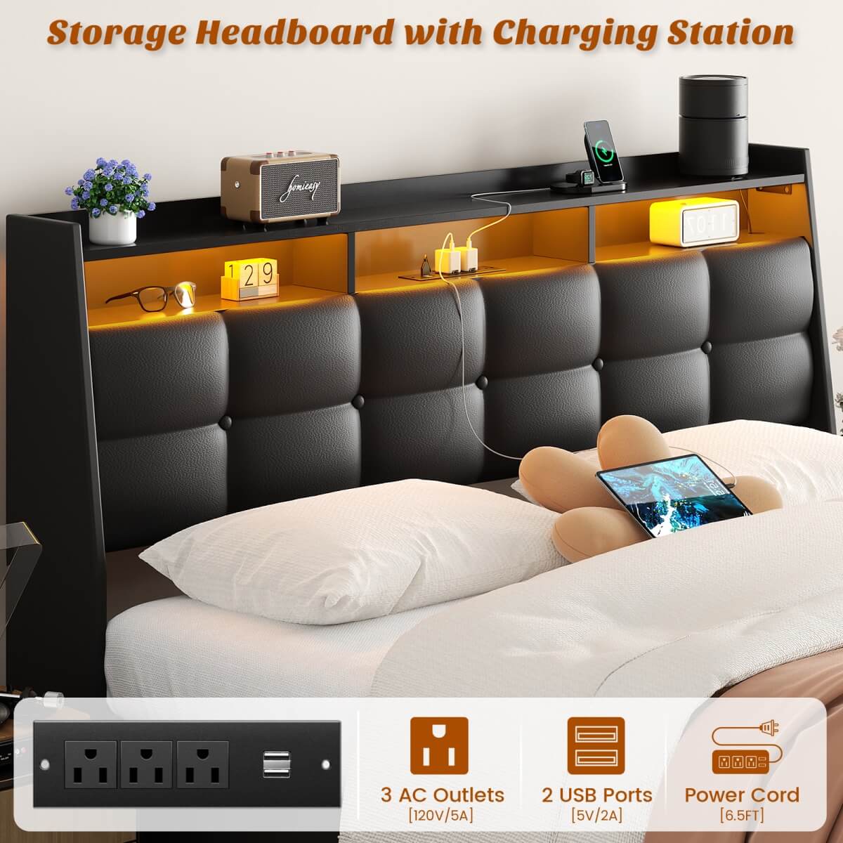 Upholstered Queen Bed Frame with Storage Headboard, Drawers, Charging Station, and LED Light