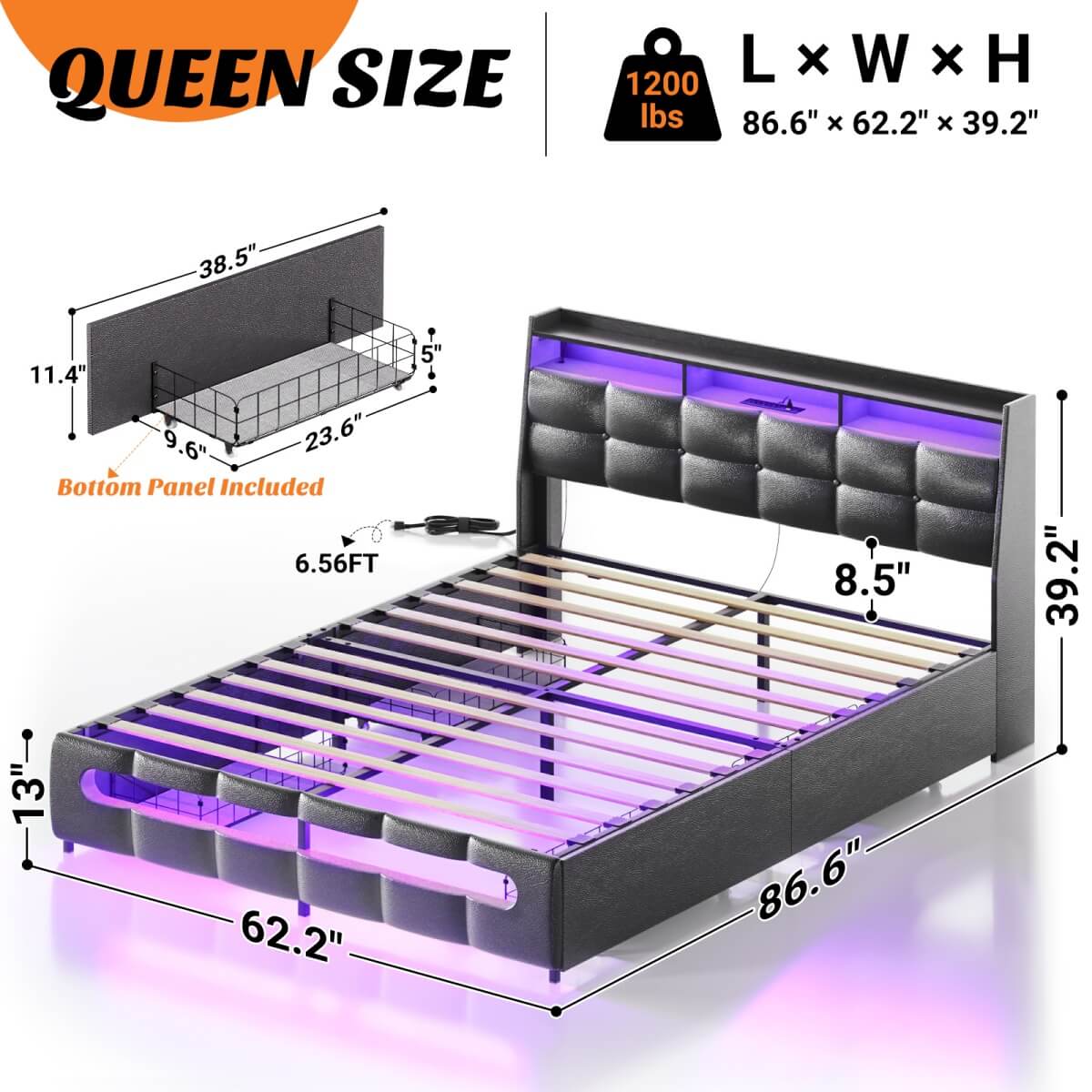 Upholstered Queen Bed Frame with Storage Headboard, Drawers, Charging Station, and LED Light