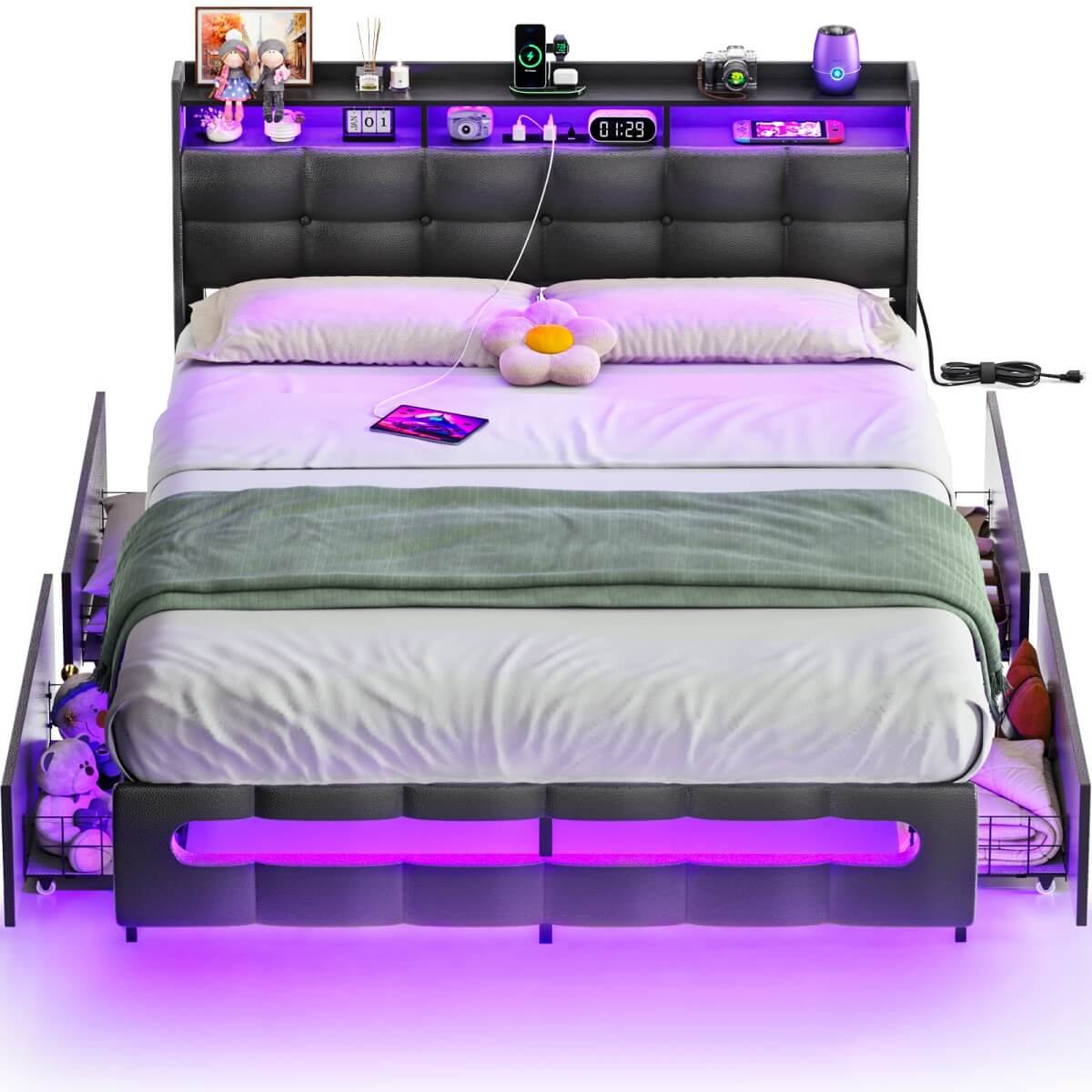 Upholstered Queen Bed Frame with Storage Headboard, Drawers, Charging Station, and LED Light