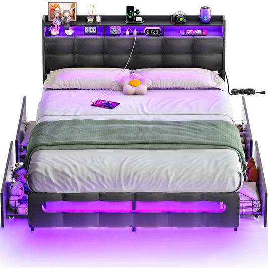 Upholstered Queen Bed Frame with Storage Headboard, Drawers, Charging Station, and LED Light
